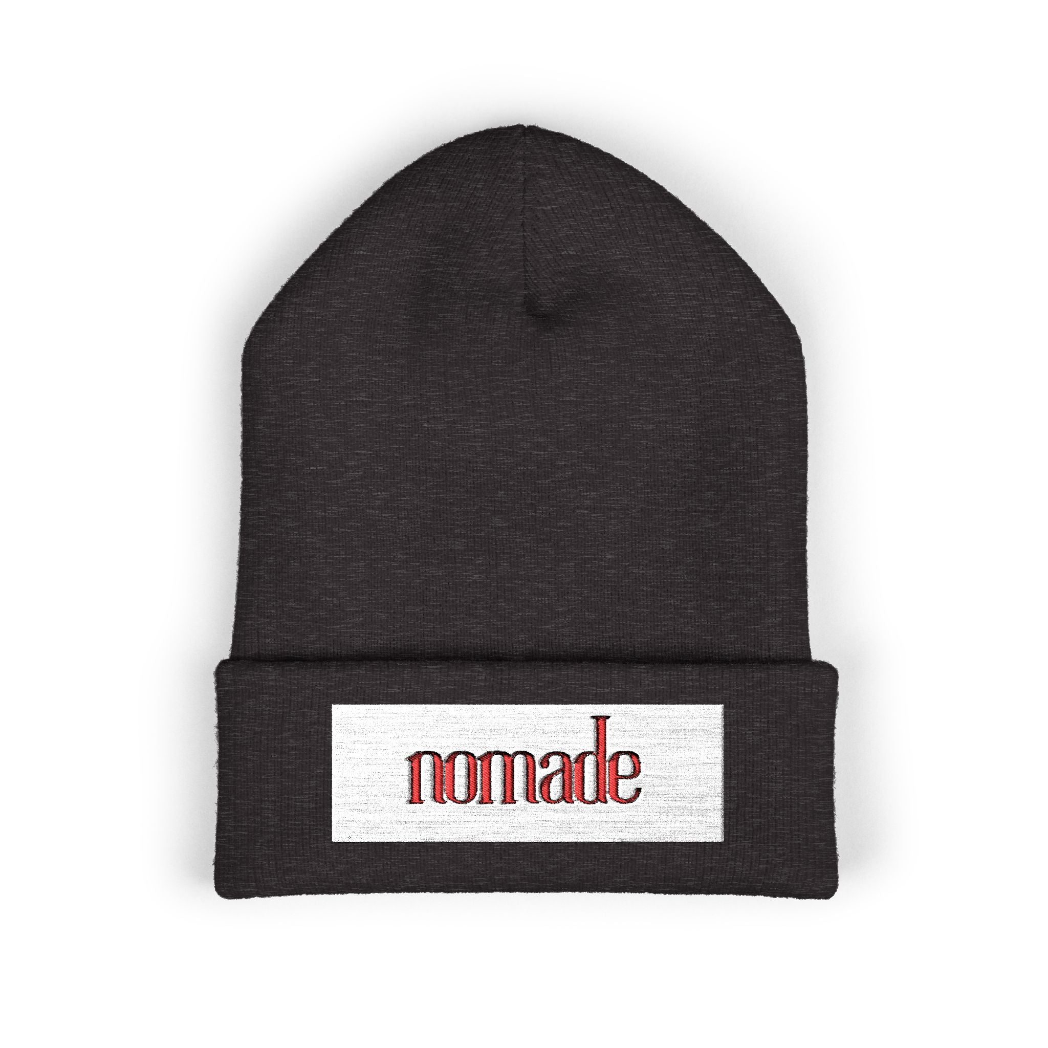 Nomade Embroidered Cuffed Beanie — Cozy Travel-Inspired Knit Hat