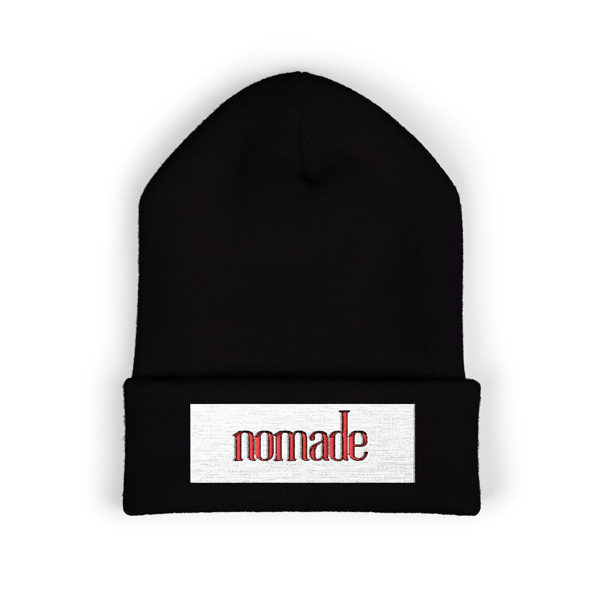 Nomade Embroidered Cuffed Beanie — Cozy Travel-Inspired Knit Hat