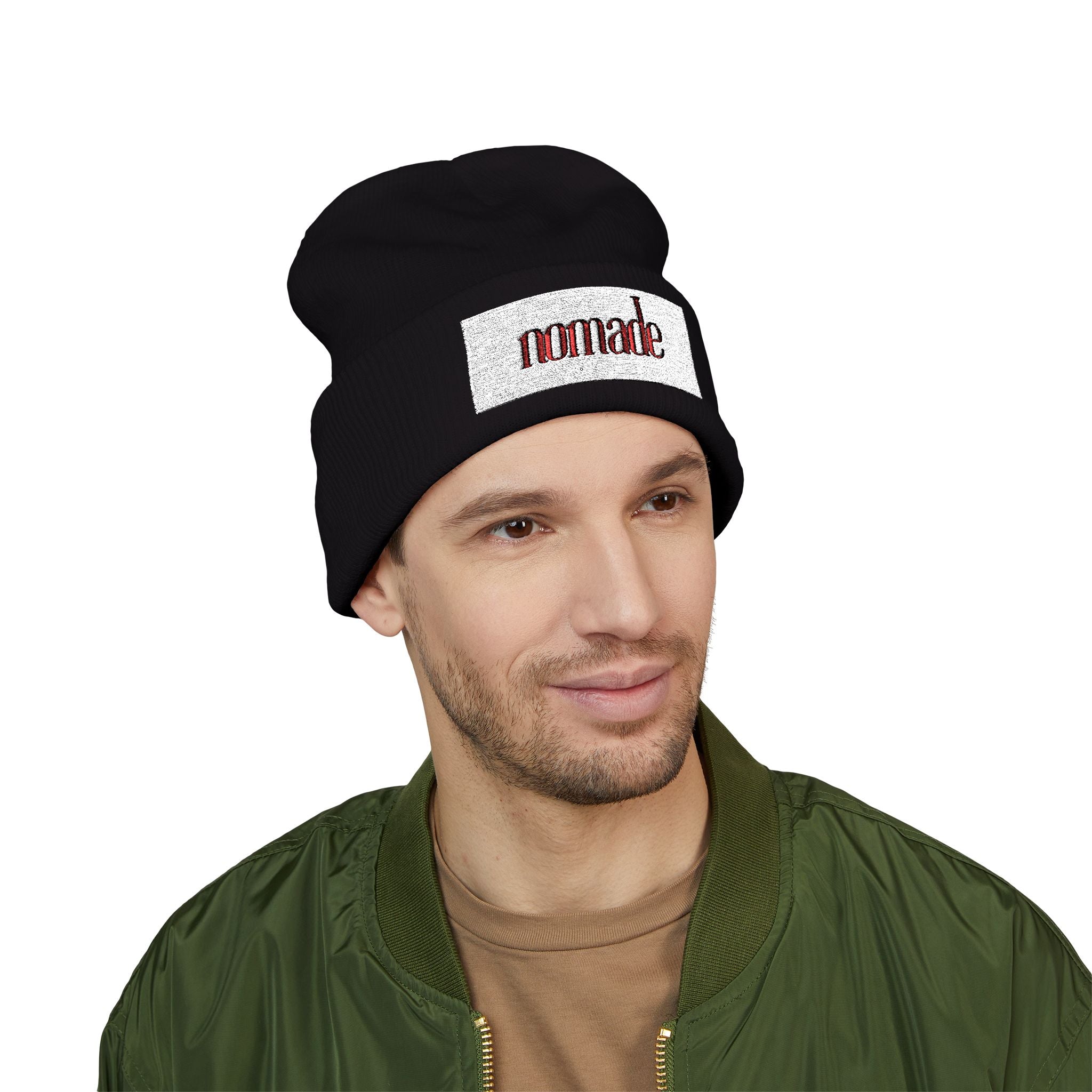 Nomade Embroidered Cuffed Beanie — Cozy Travel-Inspired Knit Hat