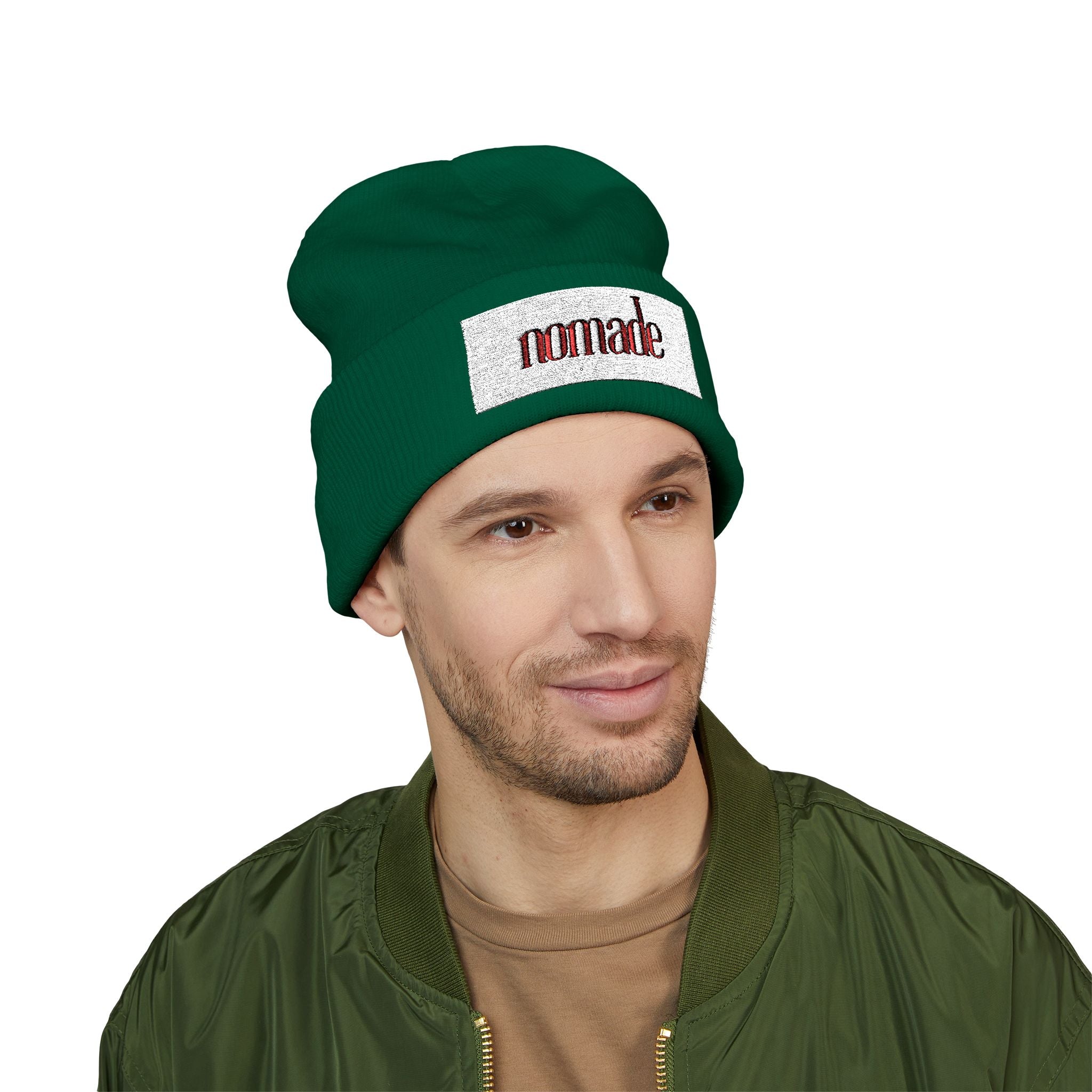 Nomade Embroidered Cuffed Beanie — Cozy Travel-Inspired Knit Hat