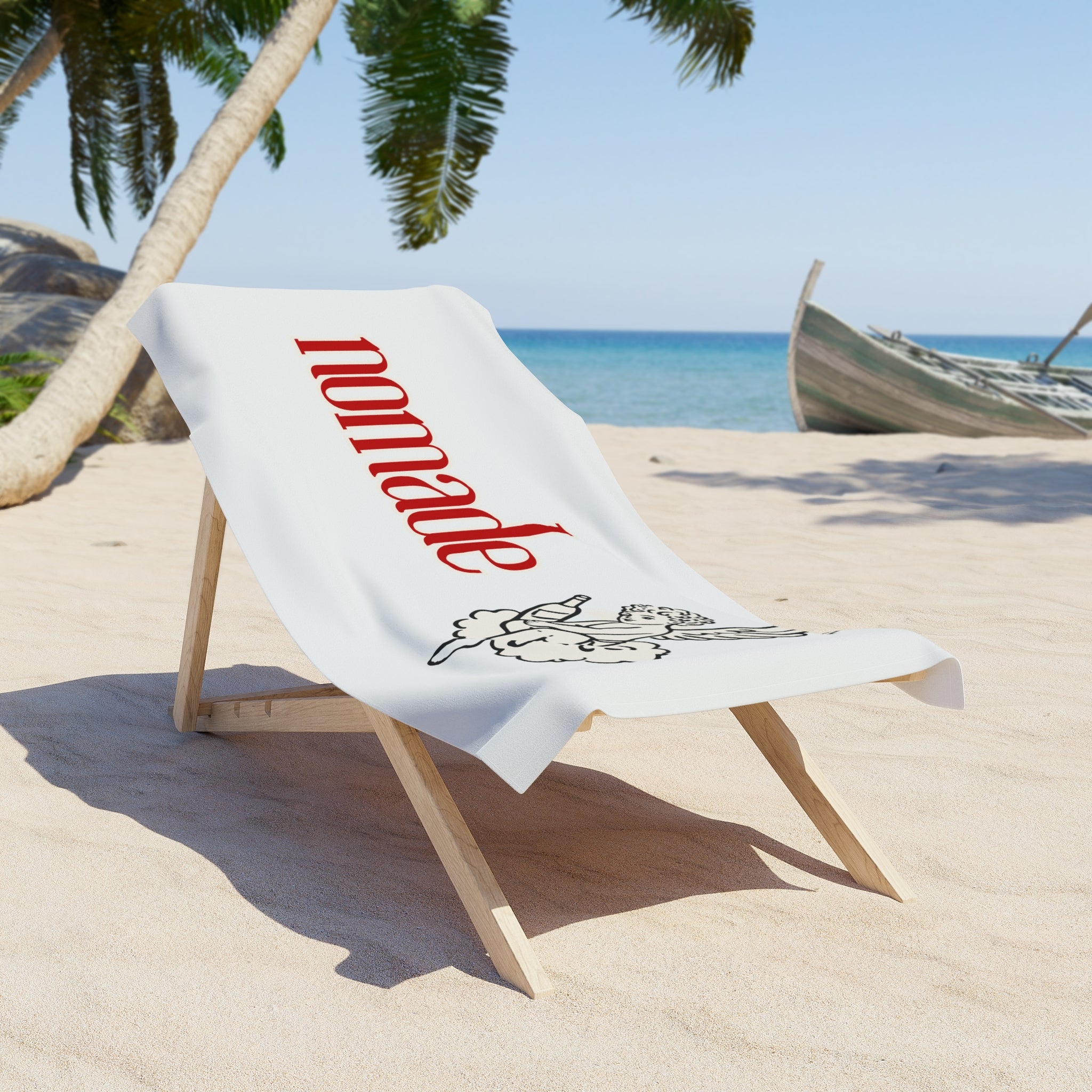 Beach Towel — "nomade" Red Script with Cherub Illustration
