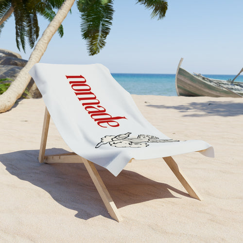 Beach Towel — "nomade" Red Script with Cherub Illustration
