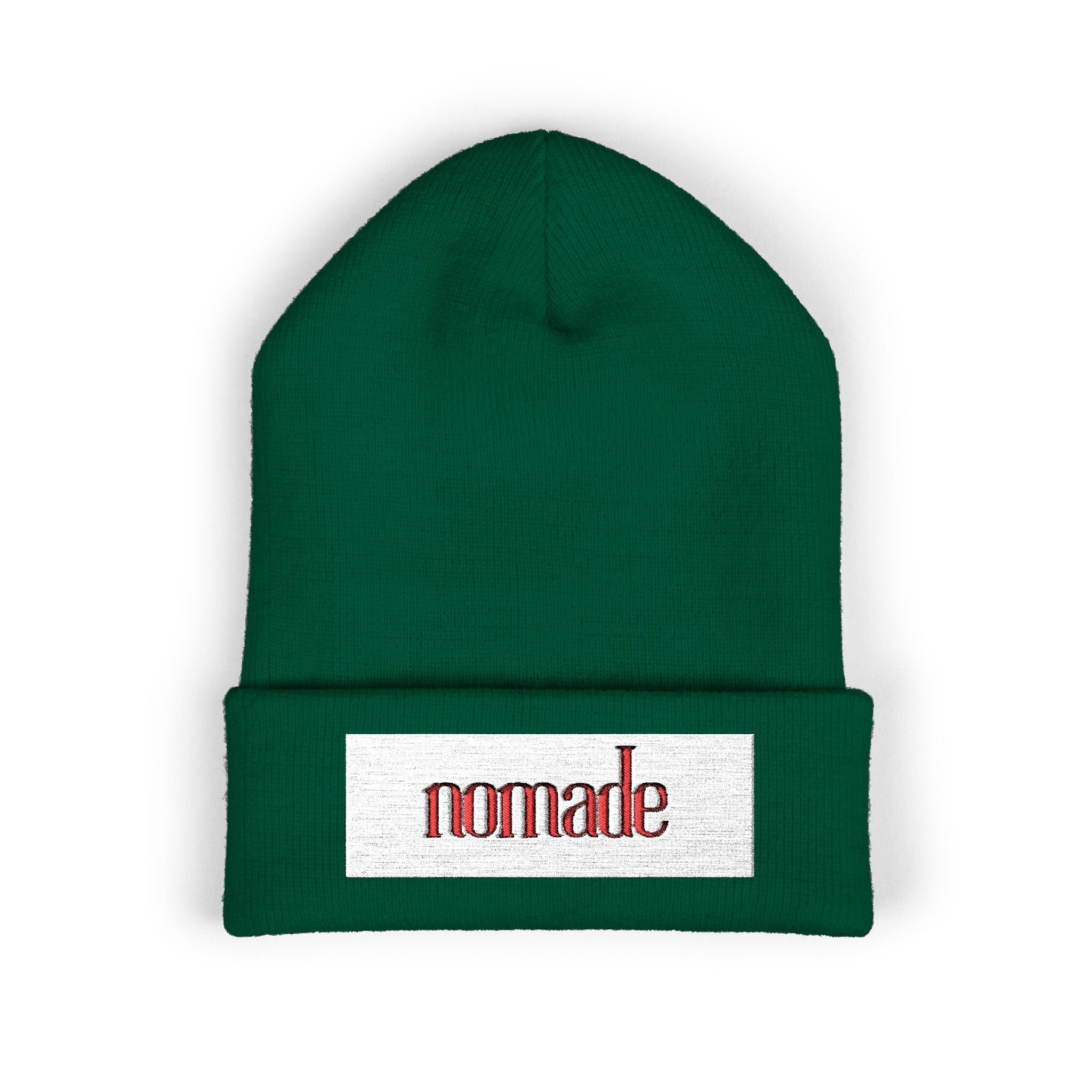 Nomade Embroidered Cuffed Beanie — Cozy Travel-Inspired Knit Hat