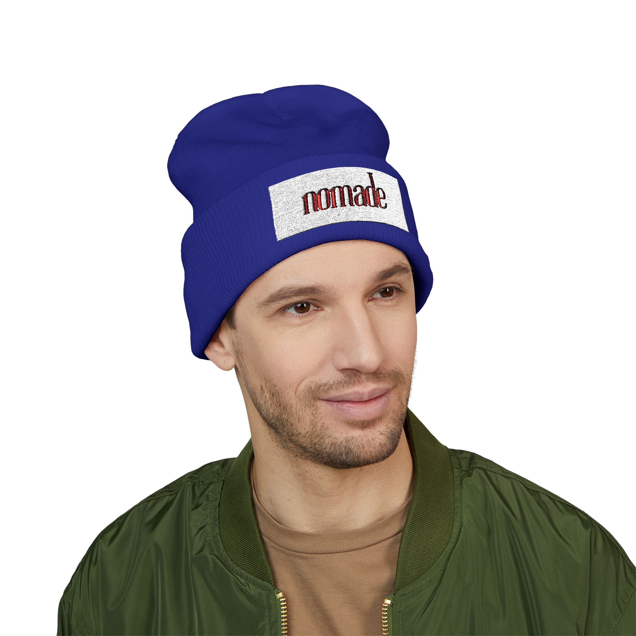 Nomade Embroidered Cuffed Beanie — Cozy Travel-Inspired Knit Hat