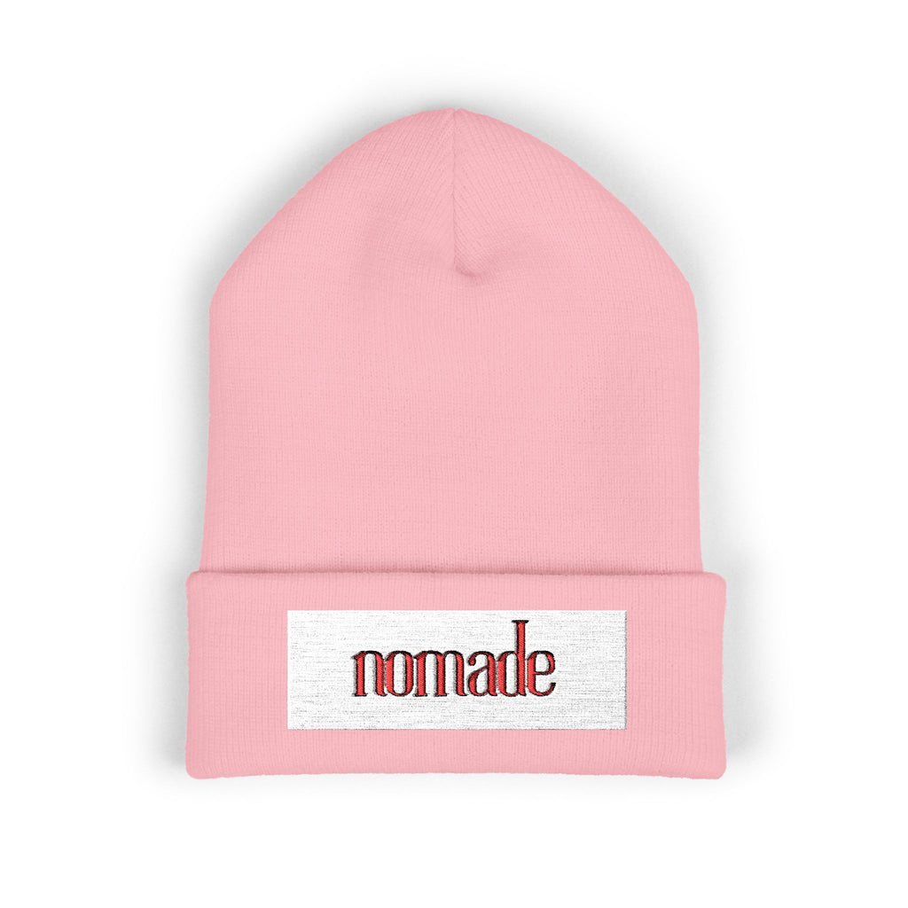 Nomade Embroidered Cuffed Beanie — Cozy Travel-Inspired Knit Hat