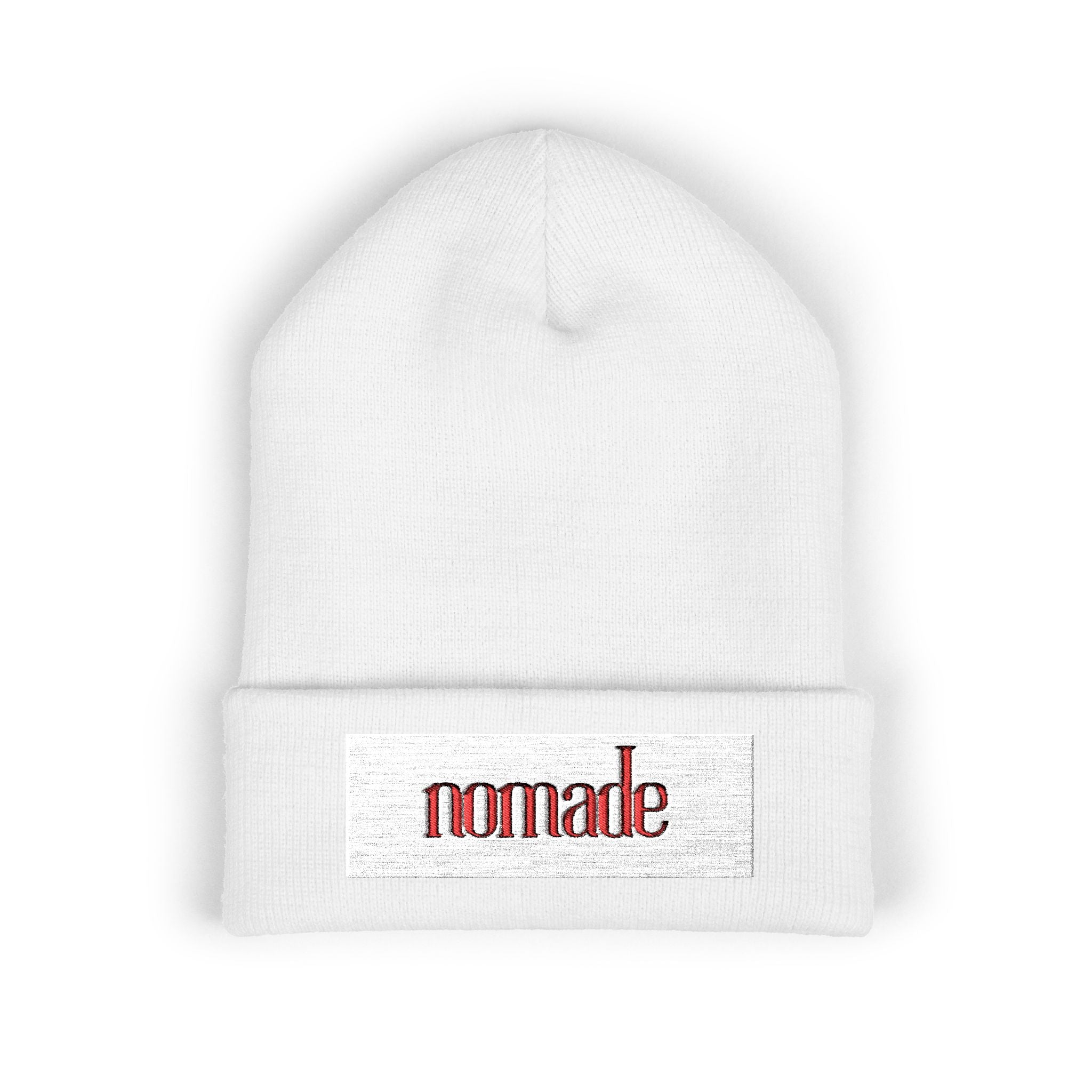 Nomade Embroidered Cuffed Beanie — Cozy Travel-Inspired Knit Hat