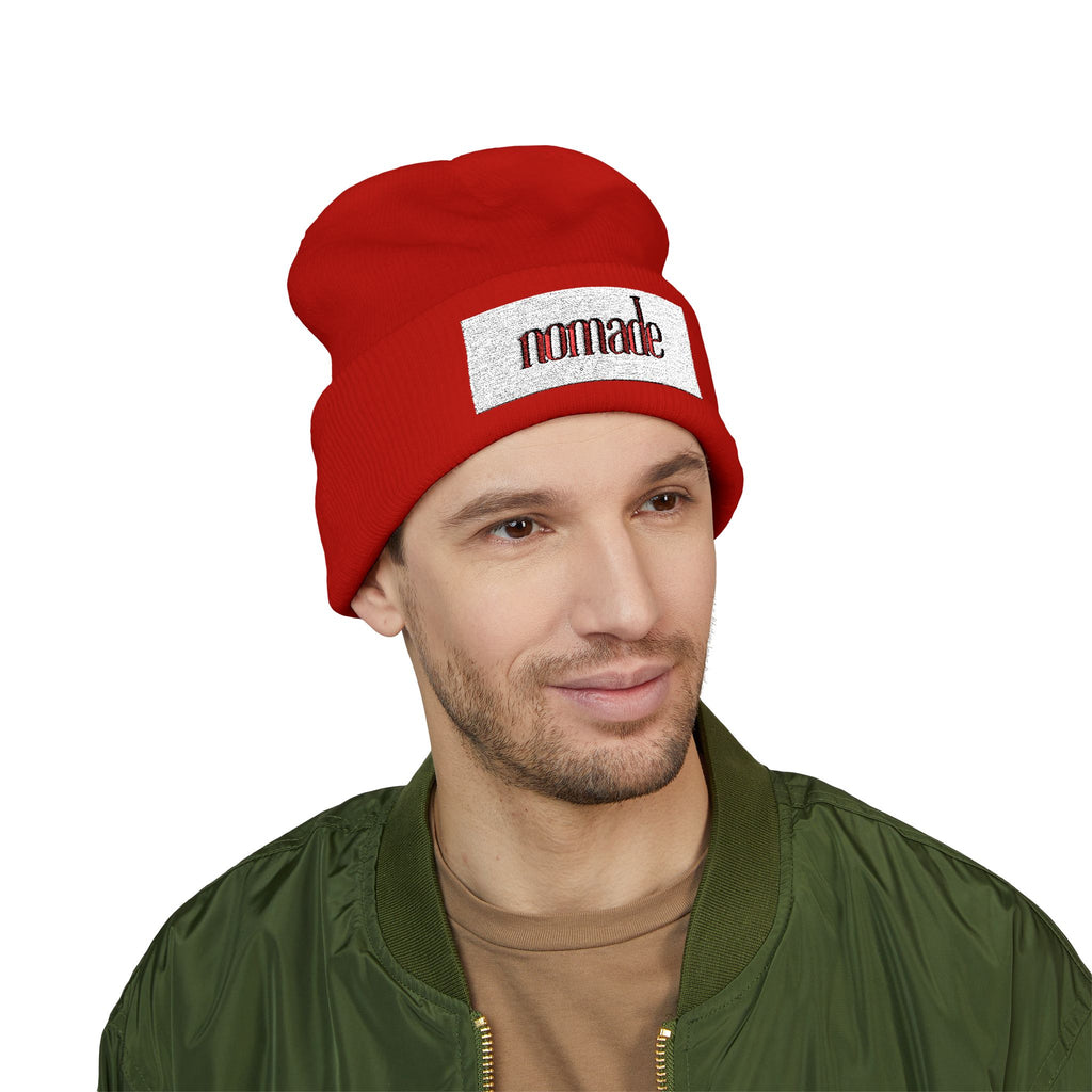 Nomade Embroidered Cuffed Beanie — Cozy Travel-Inspired Knit Hat