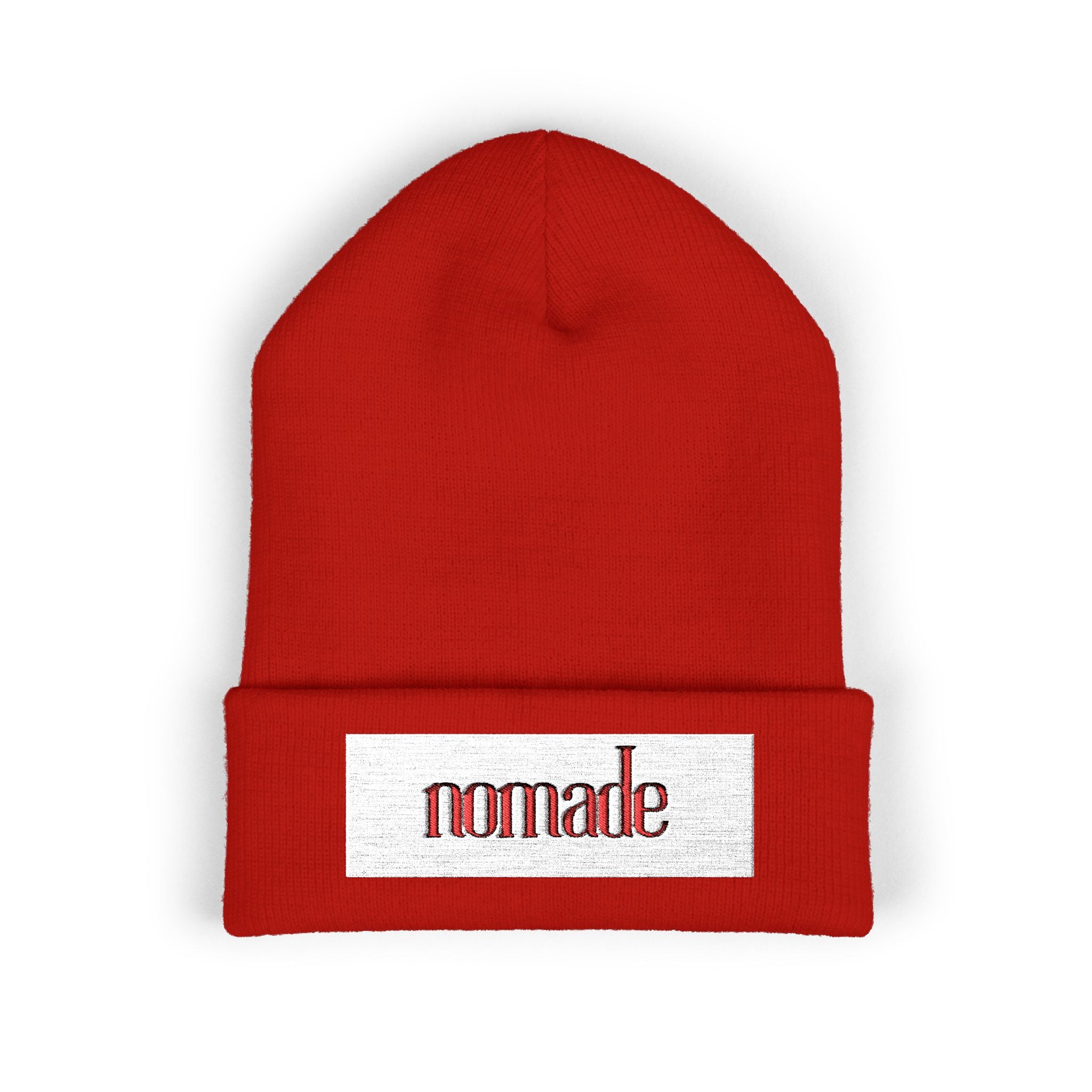 Nomade Embroidered Cuffed Beanie — Cozy Travel-Inspired Knit Hat